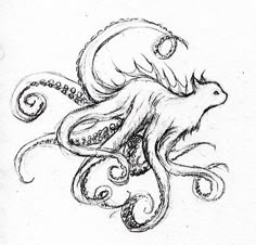 an ink drawing of an octopus with its head in the air and tentacles on it's back