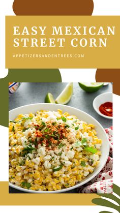 the mexican street corn is served in a white bowl