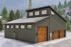 a two story garage with windows and a loft on the top floor is shown in this rendering