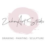 the logo for zehn art studio drawing - painting - sculpture, with an image of a woman's face