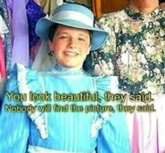 a group of women standing next to each other wearing dresses and hats with words written on them