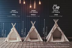 three teepees are shown with measurements for the size and height in front of them