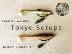 three different types of fishing lures sitting on top of a towel with the words tokyo setups written below them