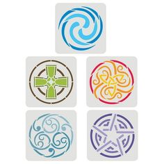 four different colored celtic symbols are shown