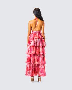 Nothing like a burst of fun and flair 💕 Made from chiffon fabric and complete with voluminous tiered ruffles and shirring at the waistband - this pink floral maxi dress will have you sashaying your way to the center of attention 🌺 Cruise Fits, Pink Floral Maxi Dress, Center Of Attention, Black Off Shoulder, Sorority Outfits, Graphic Top, White Jersey, Floral Maxi, White Mini Dress