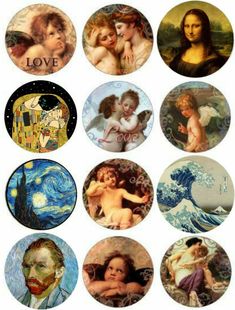 many different pictures of the famous paintings in each one's circle, with words above them