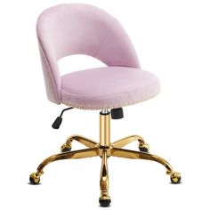 a pink office chair with gold wheels