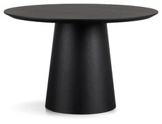 a round table with black wood grained finish on the top and base, viewed from the front