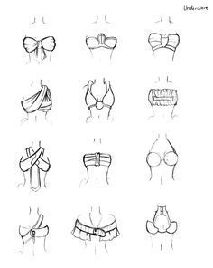 various bras drawn in pencil on white paper