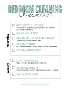 the bed room cleaning checklist is shown in blue and white with green lettering on it