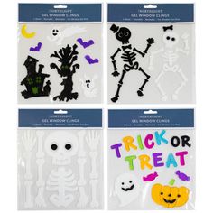 three halloween stickers with the words trick or treat written in different colors and shapes