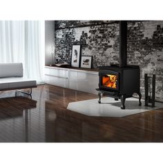 a living room with a wood burning stove