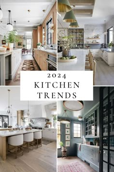 the kitchen and dining room are featured in this collage