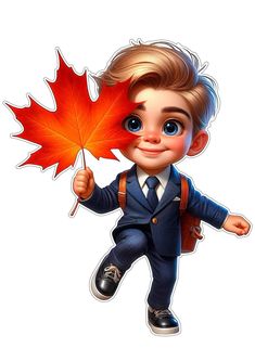 a cartoon boy in a suit holding a red maple leaf with one hand and pointing to the side