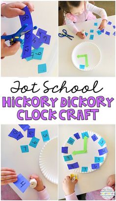 a collage of pictures showing how to make a paper plate clock with letters and numbers