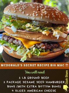 Big Mac Recipe, Mcdonald's Big Mac, Homemade Big Mac, Burger And Chips, Food Substitutions, Copykat Recipes, Gourmet Burgers, Sesame Seed