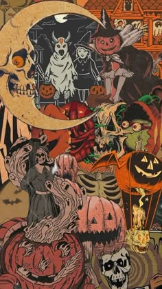 a collage of halloween images including pumpkins, witches and skeletons in front of a full moon