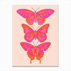 three pink and orange butterflies on a light pink background by corbi - art