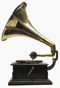 an old fashioned record player with a brass horn on it's stand, against a white background