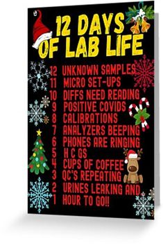 12 days of lab life poster with christmas decorations and snowflakes on black background