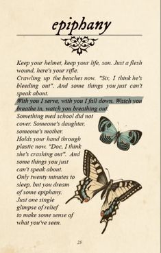 an old book page with two butterflies on it and the caption epiphany