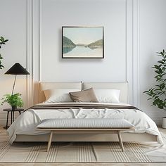 a bedroom with white walls and flooring has a large bed in the middle, surrounded by potted plants