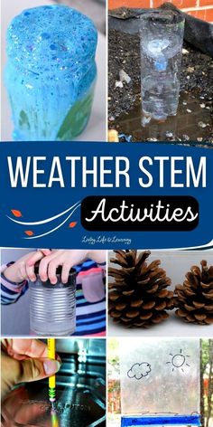 several different activities for kids to do in the rain and cold weather with water, pine cones