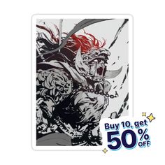 a sticker with an image of a demon in the background and text that reads buy 10