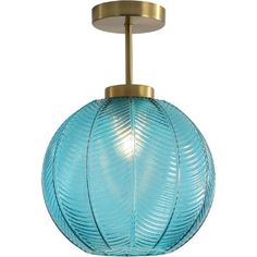 a blue glass ball hanging from a ceiling fixture