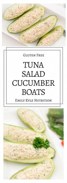 cucumber boats on a white plate with the title text overlay reads,'tuna salad cucumber boats '