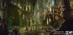 an image of a fantasy city with people walking through the streets and clock tower in the background