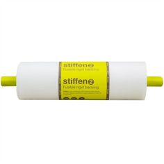 a roll of white and yellow tape on top of a white surface with the words stiffener