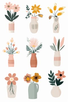 a bunch of vases filled with different types of flowers