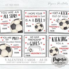 four valentine's day cards with soccer balls