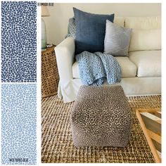 a living room filled with furniture and pillows on top of a carpeted floor next to a white couch