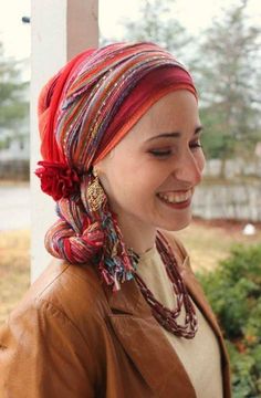 Bright Scarf, Lace Earrings, Turban Headwrap, Full Hair