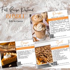 three different menus with pumpkin pie and whipped cream