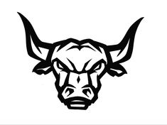 a bull's head with large horns and sharp teeth is shown in black on a white background