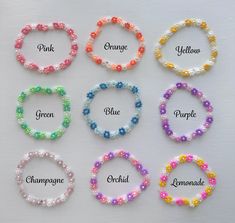 six different colors of beads with names on them