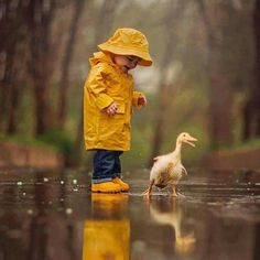 a little boy standing next to a duck on a wet road in the rain wearing a yellow jacket