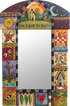 a mirror that has been decorated with many different colors and designs on the front side