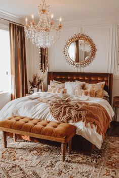 a bedroom with a large bed and chandelier