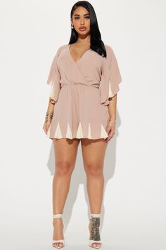 Available In Blush. Romper Short Sleeve Surplice Backless Contrast Trim Flowy Short Stretch Self: 100% Rayon Contrast: 100% Rayon Imported | Only You Romper in Blush Pink size 1X by Fashion Nova Chubby Girl Outfits, Mid Size Fashion, Plus Size Romper, Wrap Around Dress, Curvy Model, Flowy Shorts, Mid Size, Curvy Girl Outfits, Short Rompers