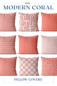 pillows with different patterns on them and the words, modern coral pillow covers are shown