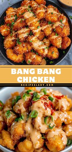 two pictures with different types of food in them and the words bang bang chicken on top