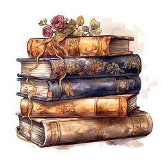 a stack of old books with flowers on top, painted in watercolor and ink