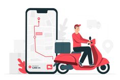 a man riding a scooter next to a map and cell phone with delivery on it