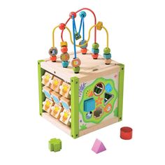 a wooden toy with lots of shapes and colors