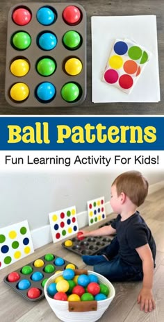 a boy sitting on the floor playing with colorful balls in front of an activity tray