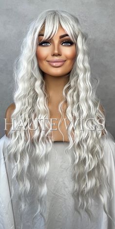 Wavy Long 30 Inches Wig With Fringe / Bangs Icy Platinum Blonde  Can Be Styled With Heat of up to 160 degrees but This Cannot Be Dyed.  Low 120 Density. Full Volume Hair. Full yet lightweight! Bangs Center Part, Full Volume Hair, Crimped Waves, Blonde Wavy Hair, Ice Blonde, Human Hair Wigs Blonde, Fringe Bangs, Full Volume, Center Part